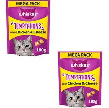 Image of 2 x 180g Mega Pack Whiskas Temptations Delicious Cat Treats - Chicken & Cheese