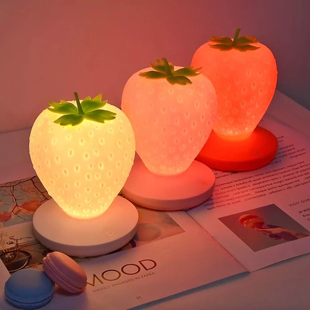 USB LED Strawberry Bedside Lamp Touch Bedroom Night Light Rechargeable 3 Colours