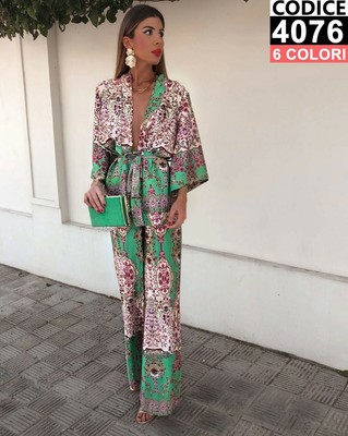 Completo 2 Pezzi Kimono pantalone e camicia con cintura in 6 Colori - 4076  | eBay