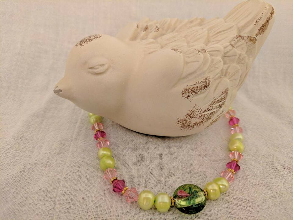 Lampwork glass bracelet with freshwater pearls and Swarovski crystals GF lobster clasp 8 inch-image