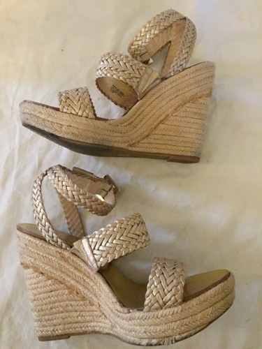 Michael Kors Oro Cuero Tirantes Tobillo Correa Alpargatas Cuña Tacón 9.5 - Imagen 6 de 12