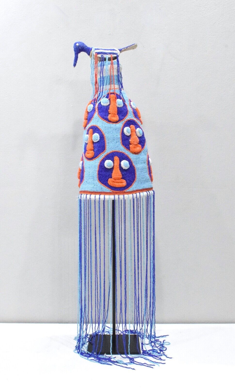 Yoruba Blue and White Beaded Crown on Stand with Birds - Item: 10502