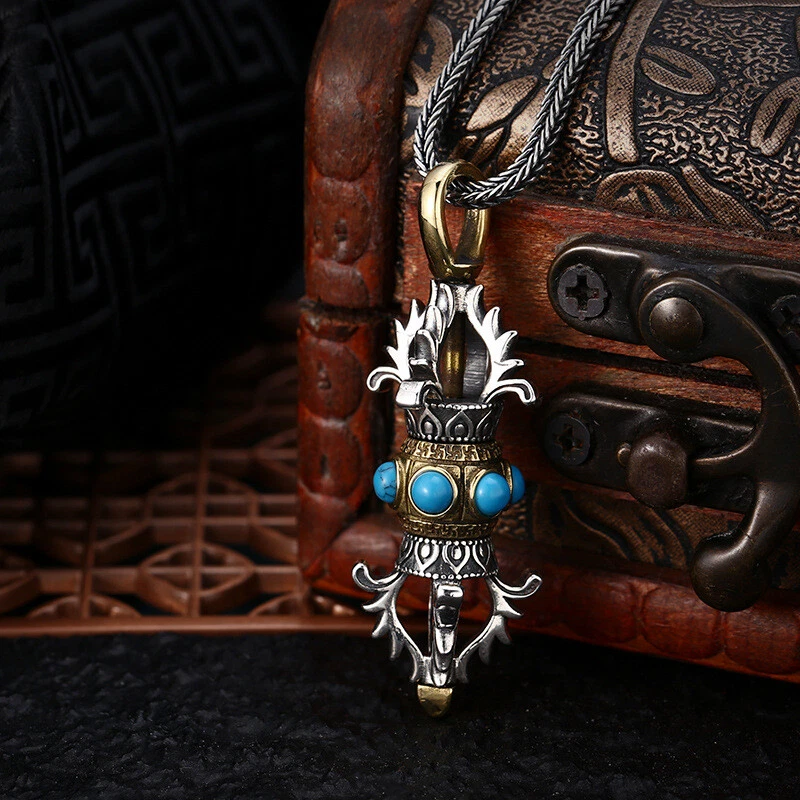 Серебряный кулон S925 VAJRA DORJE бирюзовый двухцветный тибетский буддийский амулет 12 г - Изображение 2 из 4