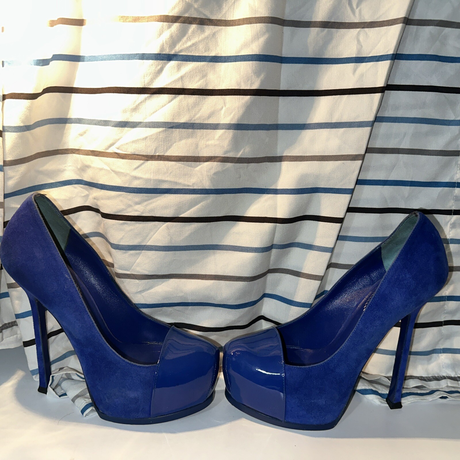 SAINT LAURENT DÉCOLLETÉ YSL TRIBUTE BLU ZAFFIRO SCAMOSCIATO VERNICE PLATEAU MISURA 36 5