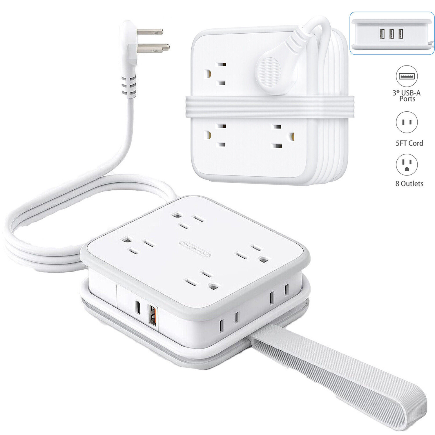 5ft Extension Cord 8 Outlet USB Portable Power Strip Flat Plug Wall Mountable-image