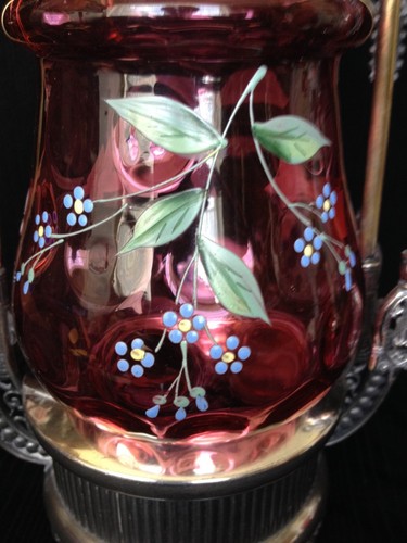 Antique VICTORIAN PICKLE CASTOR Cranberry Coindot Handpainted w/ GORGEOUS INSERT - Picture 11 of 11