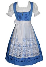 XS 4 Long Blue German Dirndl Dress EMBROIDERED Oktoberfest COTTON / 3 Pc Set