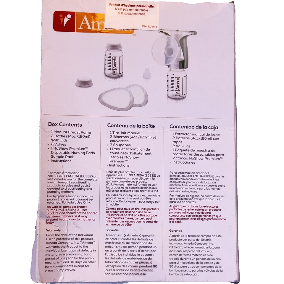 Ameda Manual Breast Pump Kit W/ Bottles One Hand Ergonomic Swivel