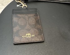 New Coach ID Holder Lanyard Signature Khaki Canvas Leather Gold/Walnut/Black
