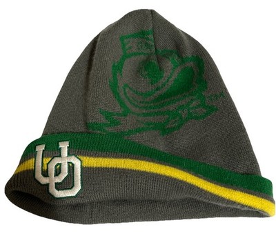 Oregon Ducks Beanie  RARE  Green Yellow Grey Knit Cuffed interlocking ''UO'' logo