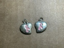 PINK RIBBON AWARENESS SMALL HEART PUFF CHARMS X2 JEWELRY 2-SIDED BREAST CANCER