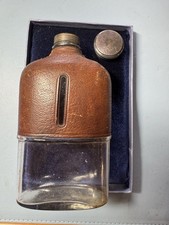 Vintage Glass Hip Flask Leather Covered Flask With Viewing Window. pre WW2