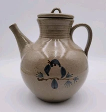 VTG Jugtown Ware Pitcher w/Lid Blue Bird Slipware Redware Pottery 1985 Pam Owens