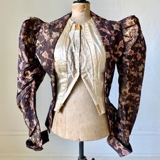 1890s Silk Jacquard Bodice Watercolor Print Puff Sleeves Antique Victorian XS