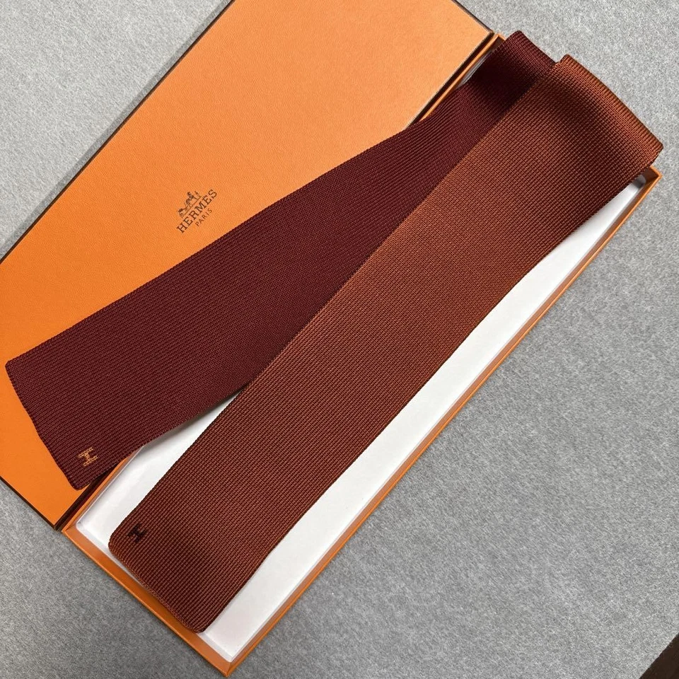 Hermes Orange Silk Knit Tie 4-Way H Pattern Used Good Condition - Image 3 of 4
