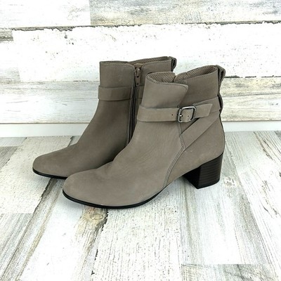 Ecco Women s 8 Gray Taupe Leather Buckle Zip Block Heel Ankle Boots NEW