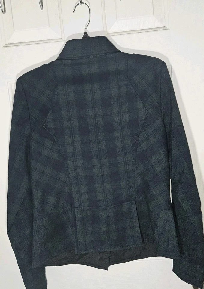 Cabi Moto Jacket Women's 8 Navy & Green 3181 Tartan Plaid Asymmetrical Academia - Image 4 of 4