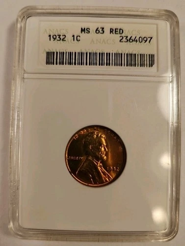 1932-P ANACS MS 63 RED CERTIFIED LINCOLN WHEAT CENT PENNY 94 YEARS! LOW MINTAGE!