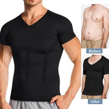 Mens Compression Shirt Shapewear V Neck Short Sleeve Body Shaper Tops Workout US