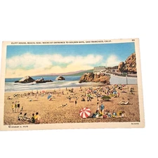 VTG Linen San Francisco CA Cliff House, Beach Sunbathers, Seal Rocks, Postcard
