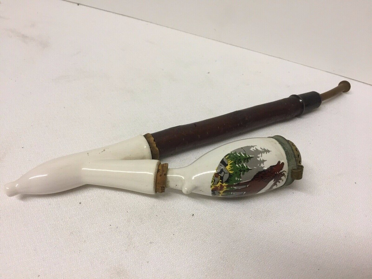 Vintage German Smoking Pipe with Ceramic Bowl /Wood Stem~ /Elk ~ TB14