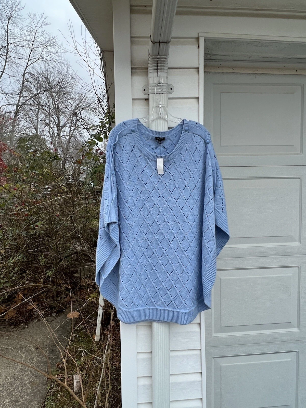 NWT Talbots Pretty & Cozy Blue Diamond Weave Button Shoulders Poncho 2X