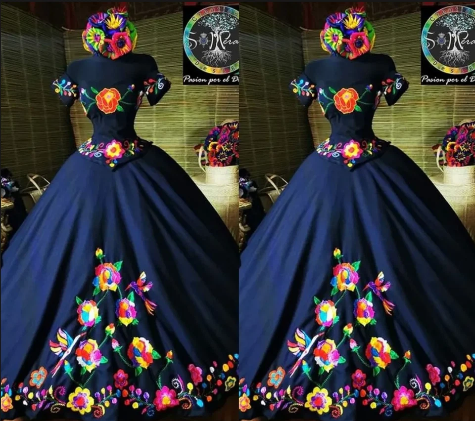 Vestidos de novia mexicanos vintage bordados con flores satinadas con lazo vestidos de novia Foto 4 de 4