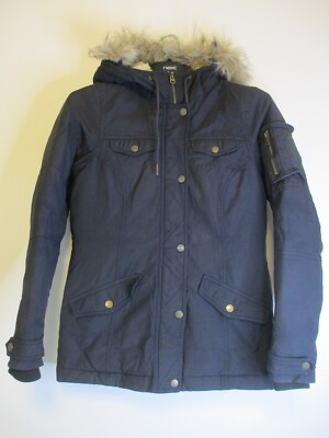 Fat Face Parka Damen Größe UK 8 Navy Daunen Feder Jacke Kapuze Kunstfell