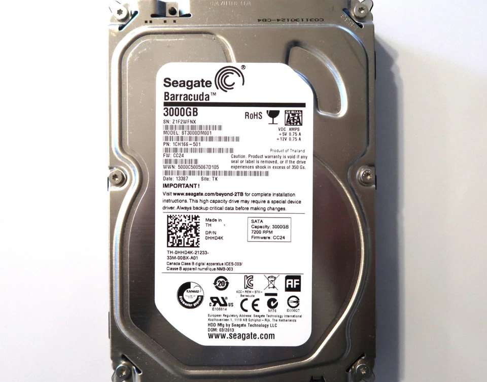 Seagate ST3000DM001 1CH166-501 CC24 TK Thailand (Z1F) 3TB 3.5" Sata HDD 03/2013 - Image 2 of 2