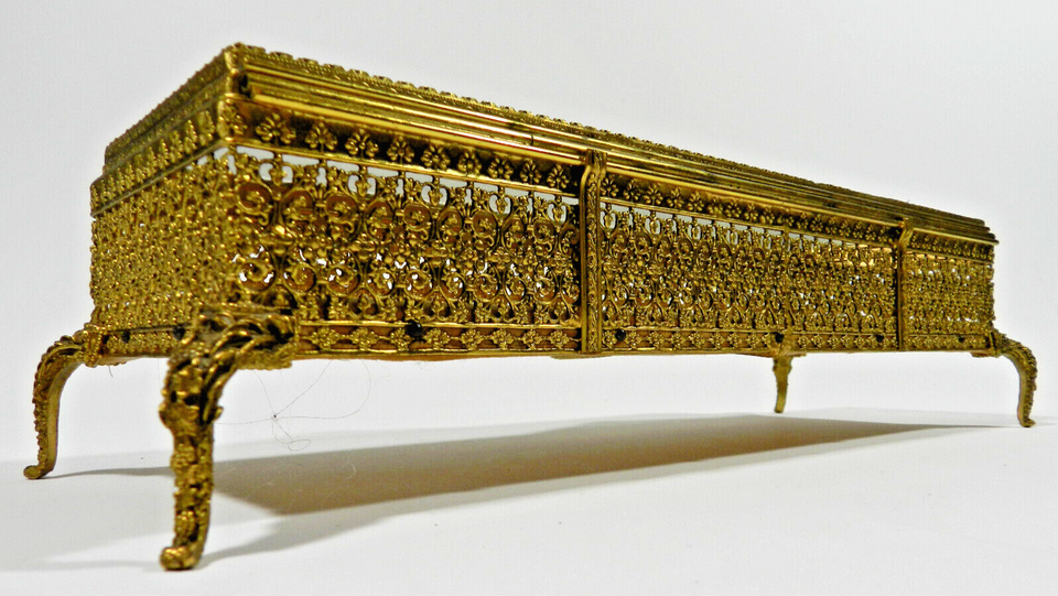 French Beveled Glass Gold Filigree Ormolu Jewelry Casket Box eBay