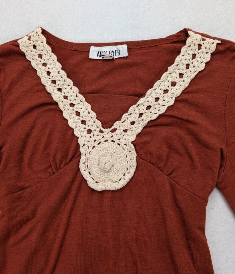 Amy Byer Girls Top Burnt Orange Long Sleeve Crochet Neck Bell Sleeve Size Large - Image 3 of 4