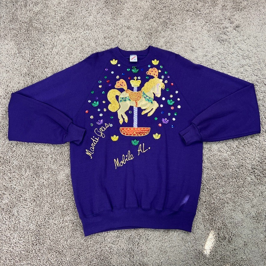 Vintage Mardi Gras Sweatshirt Womens XL Purple Bling Carousel Horse Jerzees USA