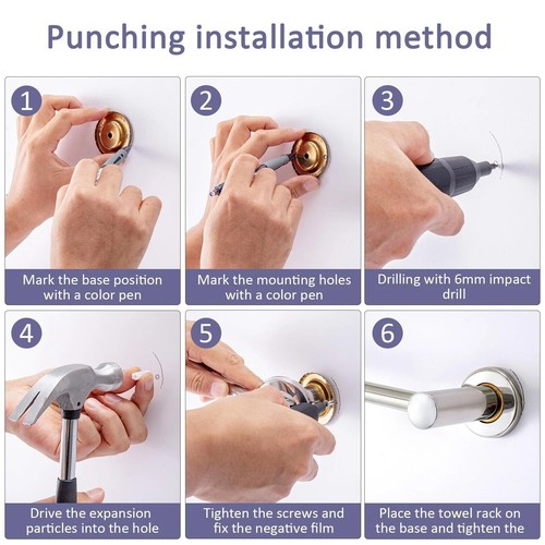 50/60cm Single Towel Bar Bracket Wall Mounted Towel Holder Bathroom Kitchen - Picture 4 of 13