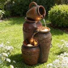 4 Pots Cascading Vintage Garden Electric Water Feature Fountain LED Waterfall UK