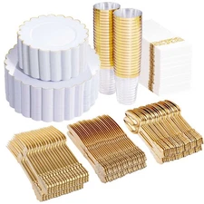 LIYH 350 Pcs White and Gold Plastic Christmas Dinnerware Set - Elegant Scallo...