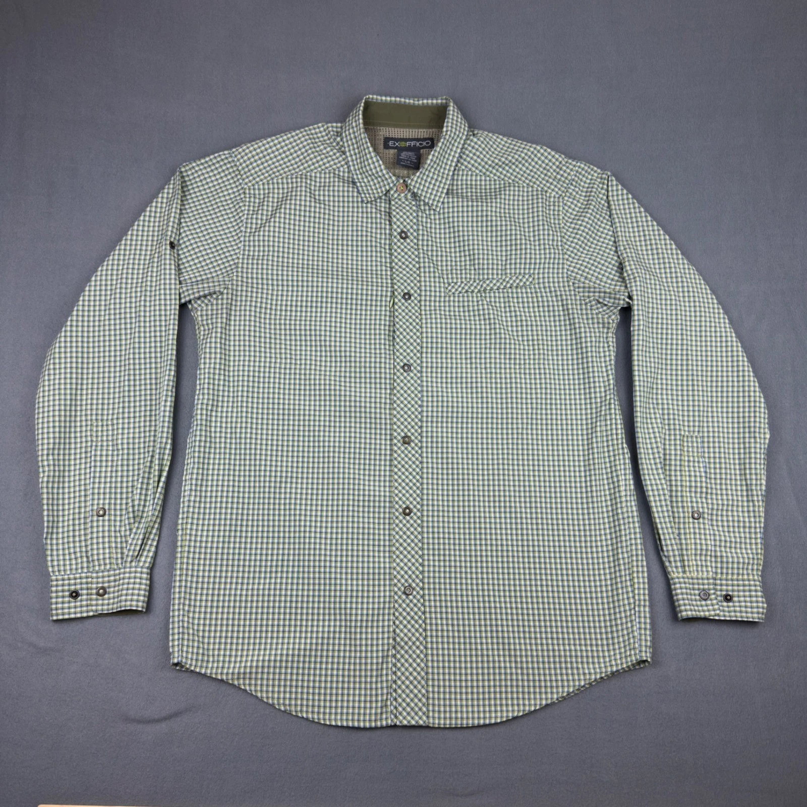 ExOfficio Mens Large Green Blue Plaid Long Sleeve Hiking Shirt Mesh Vent Pocket