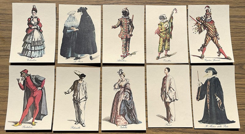 Maurice Sand COMMEDIA DELL'ARTE Lot of 10 POSTCARDS Masques et Bouffons 1860s NM
