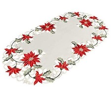 Embroidered Christmas Holiday Poinsettia Table Runner Dresser Scarf 14Wx27L 