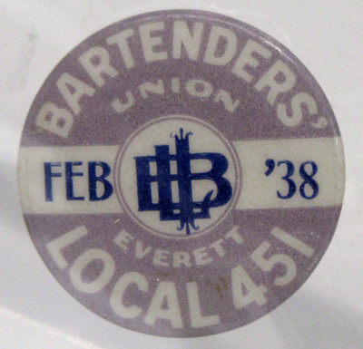 1938 union BARTENDERS #451 Everett Washington pinback button