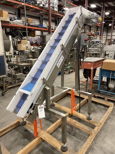 8" Cleated Incline Belt Conveyor -12" x 6" Food Grade SS -76" Rise - 58.3RPM 3PH