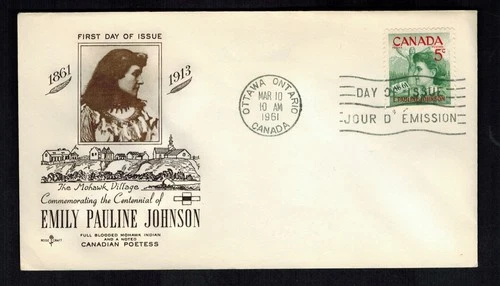 Canada #392, 1961 5¢ Pauline Johnson Rosecraft cachet FDC raised thermal ink