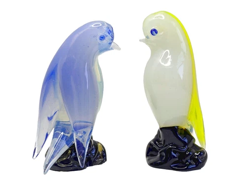 Vintage Seguso Murano White Blue Yellow Italian Opaline Art Glass Bird Figurines