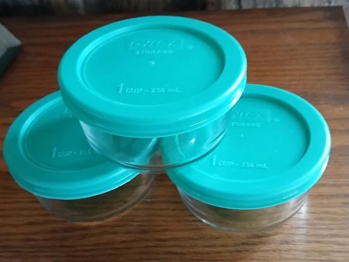3 Pyrex Glass Bowls With Turquoise Lids, Clear 1 Cup, (236ml)