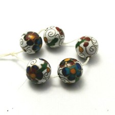 5 Vintage round white Cloisonne Beads 12mm