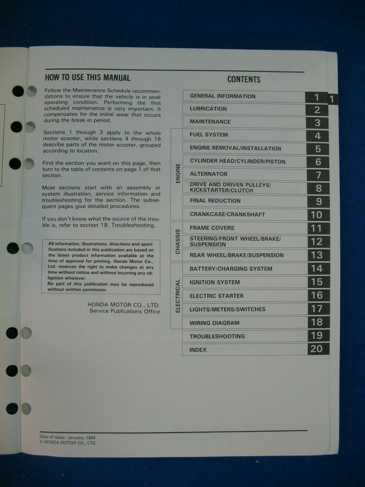 Honda 1988 - 1998 1999 2000 SA50 ELITE NUEVO Manual de servicio de fábrica H113 Foto 2 de 4