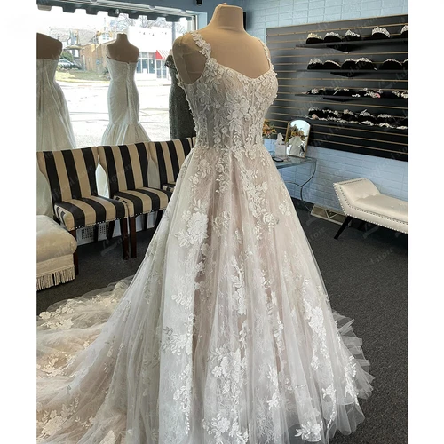 Bohemian Lace Appliques Wedding Dresses Backless A Line Straps Bridal Gowns - Picture 10 of 10
