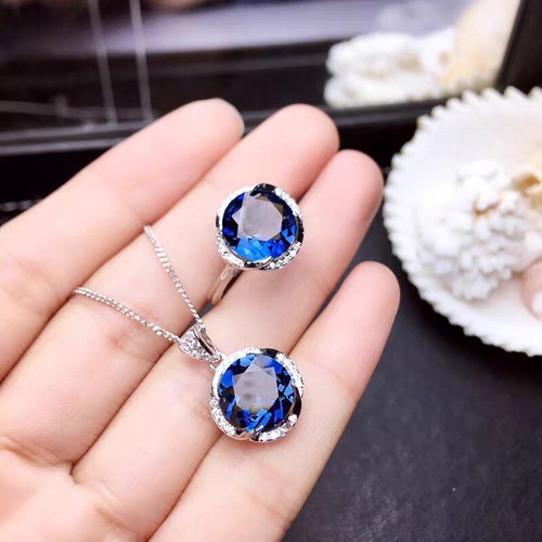 Handmade 2pc Set Ocean Blue Topaz Gemstone Charm Silver Necklace Women Rings - Picture 6 of 6