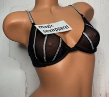 VS 34 36 SHINE STRAP UNLINED LOW-CUT DEMI BRA BLING PLUNGE SHEER MESH BLACK