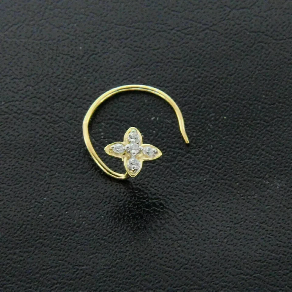 Anillo con pasador de nariz de diamante real de corte redondo enchapado en oro amarillo de 14 k Foto 3 de 4