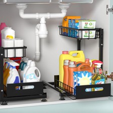 2-Pack L-Shaped Under Sink Organizer, 2-Tier Pull-out Cabinet Rack  Black